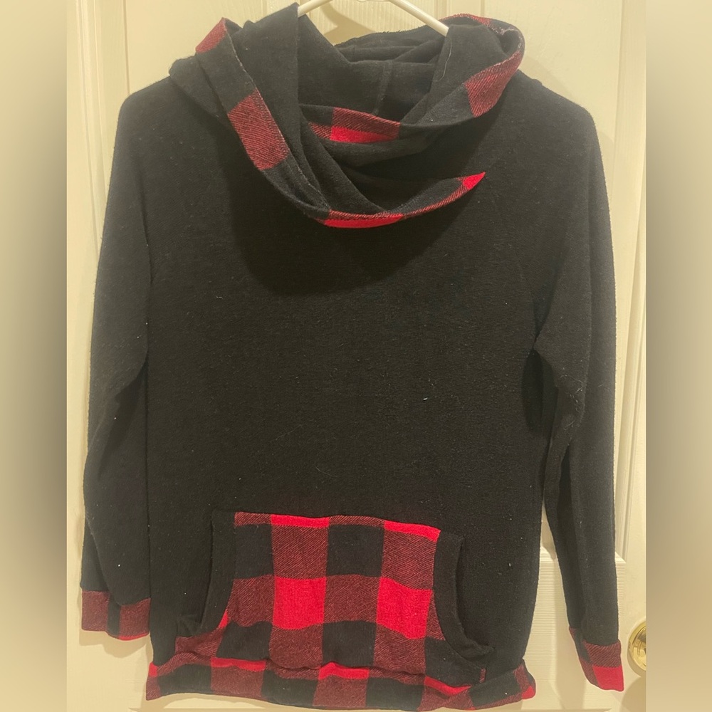 PLAID Cowl Neck Hooded Sweatshirt